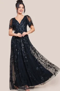 Flared Sleeve Embroidered Maxi Dress - Black by Goddiva