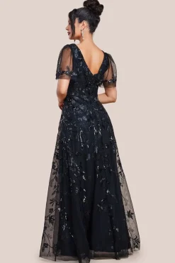 Flared Sleeve Embroidered Maxi Dress - Black by Goddiva