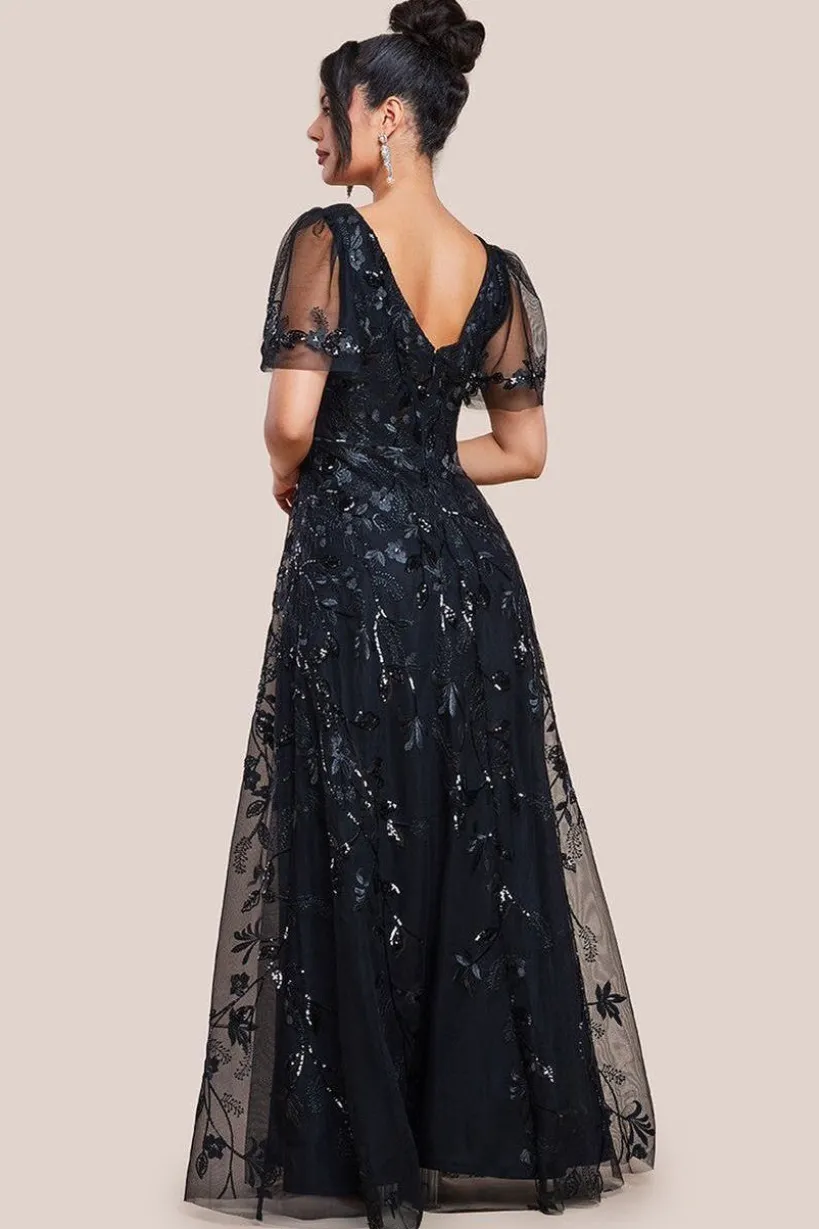 Flared Sleeve Embroidered Maxi Dress - Black by Goddiva