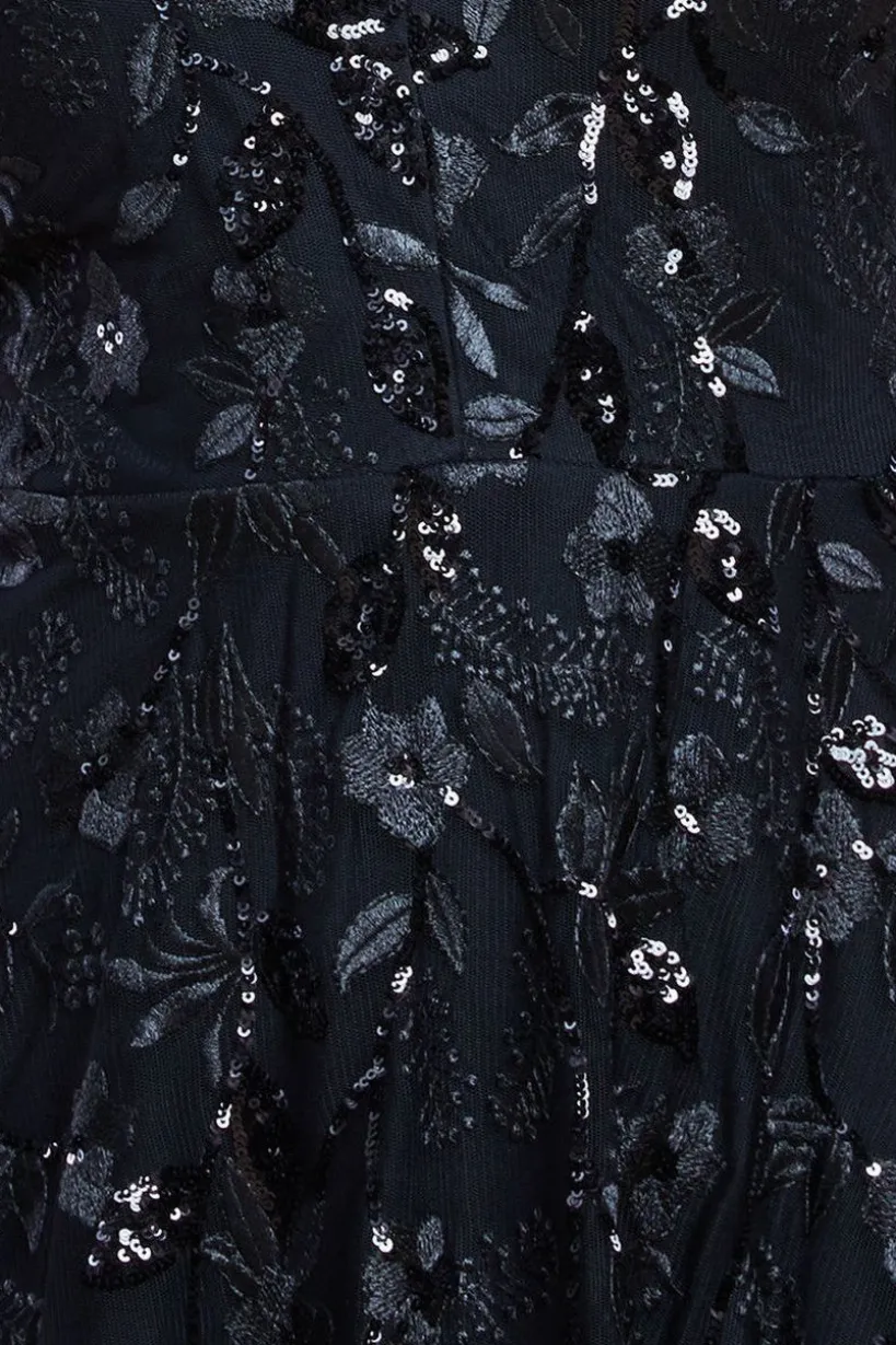 Flared Sleeve Embroidered Maxi Dress - Black by Goddiva