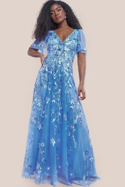 Flared Sleeve Embroidered Maxi Dress - Cornflower Blue by Goddiva