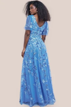 Flared Sleeve Embroidered Maxi Dress - Cornflower Blue by Goddiva