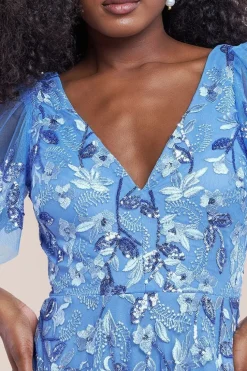 Flared Sleeve Embroidered Maxi Dress - Cornflower Blue by Goddiva