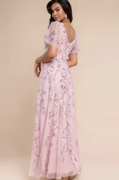 Flared Sleeve Embroidered Maxi Dress - Blush Pink by Goddiva