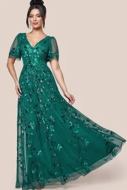 Flared Sleeve Embroidered Maxi Dress - Emerald Green by Goddiva