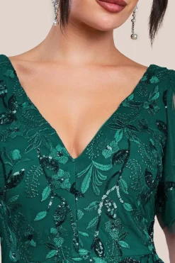 Flared Sleeve Embroidered Maxi Dress - Emerald Green by Goddiva