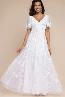 Flared Sleeve Embroidered Maxi Dress - White by Goddiva