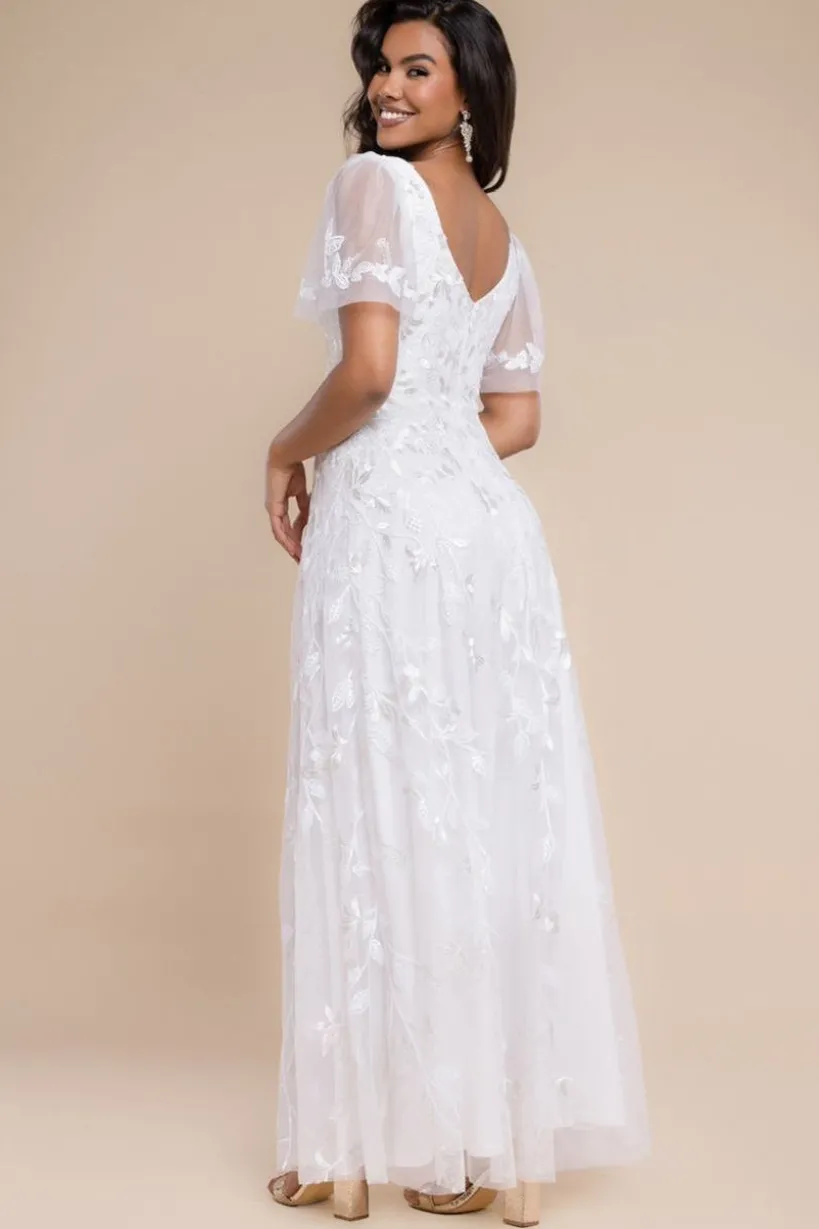 Flared Sleeve Embroidered Maxi Dress - White by Goddiva