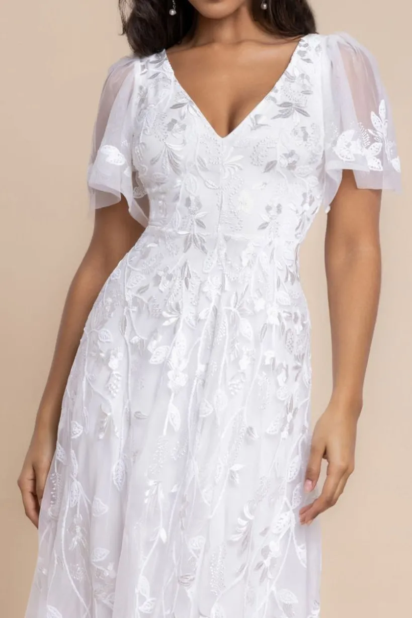 Flared Sleeve Embroidered Maxi Dress - White by Goddiva