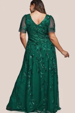Flared Sleeve Embroidered Maxi Dress - Emerald by Goddiva Plus