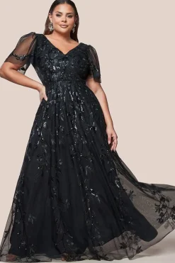 Flared Sleeve Embroidered Maxi Dress - Black by Goddiva Plus