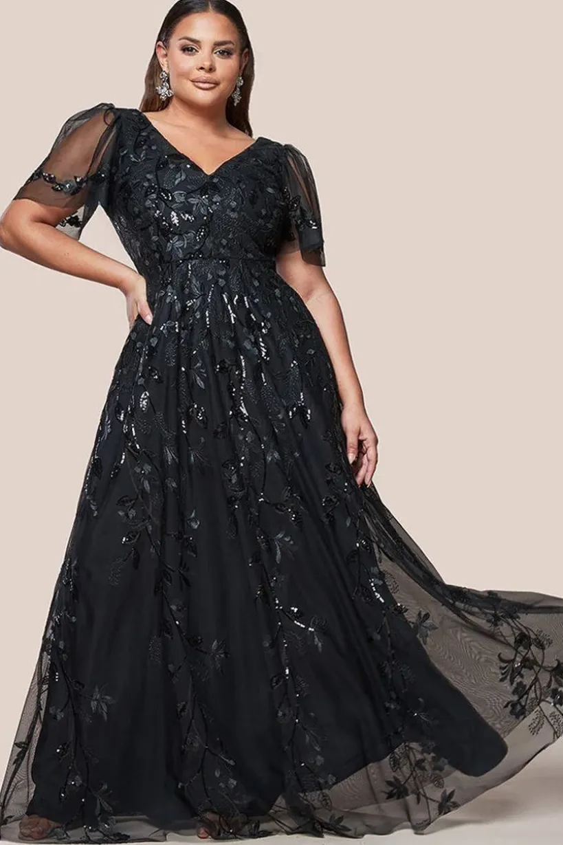 Flared Sleeve Embroidered Maxi Dress - Black by Goddiva Plus