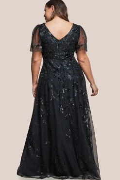 Flared Sleeve Embroidered Maxi Dress - Black by Goddiva Plus