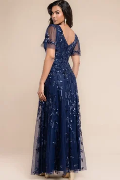 Flared Sleeve Embroidered Maxi Dress - Navy Blue by Goddiva