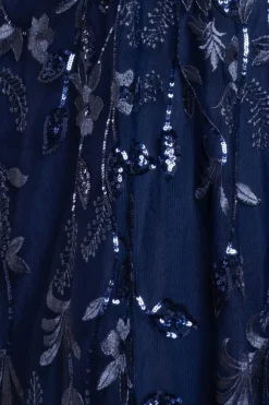 Flared Sleeve Embroidered Maxi Dress - Navy Blue by Goddiva
