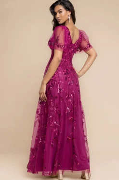 Flared Sleeve Embroidered Maxi Dress - Magenta by Goddiva