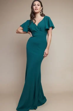 Flared Sleeve Front Wrap Maxi Dress - Emerald Green by Goddiva