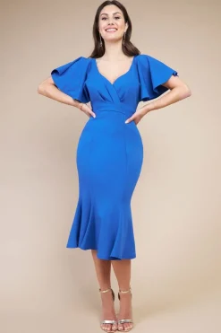 Flared Sleeve Front Wrap Midi Dress - Royal Blue by Goddiva