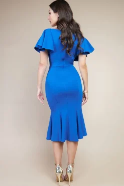 Flared Sleeve Front Wrap Midi Dress - Royal Blue by Goddiva