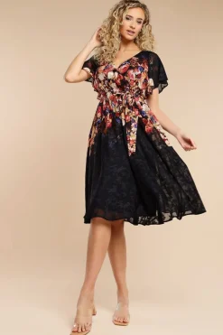 Floral Flutter Sleeve Wrap Midi Dress - Black by Goddiva