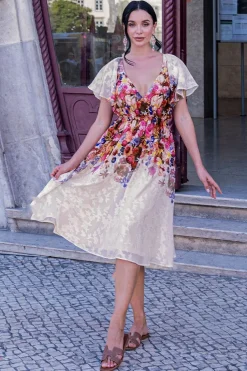 Floral Flutter Sleeve Wrap Midi Dress - Ivory by Goddiva