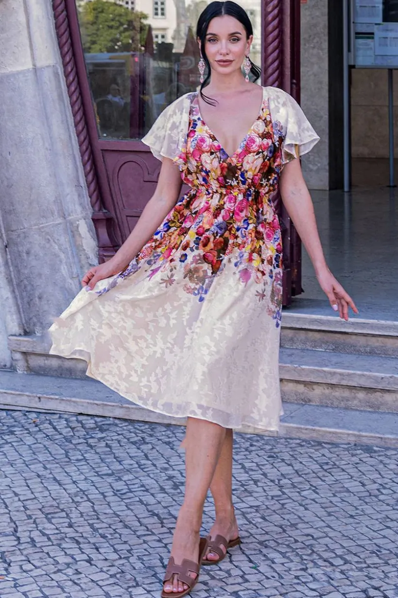 Floral Flutter Sleeve Wrap Midi Dress - Ivory by Goddiva