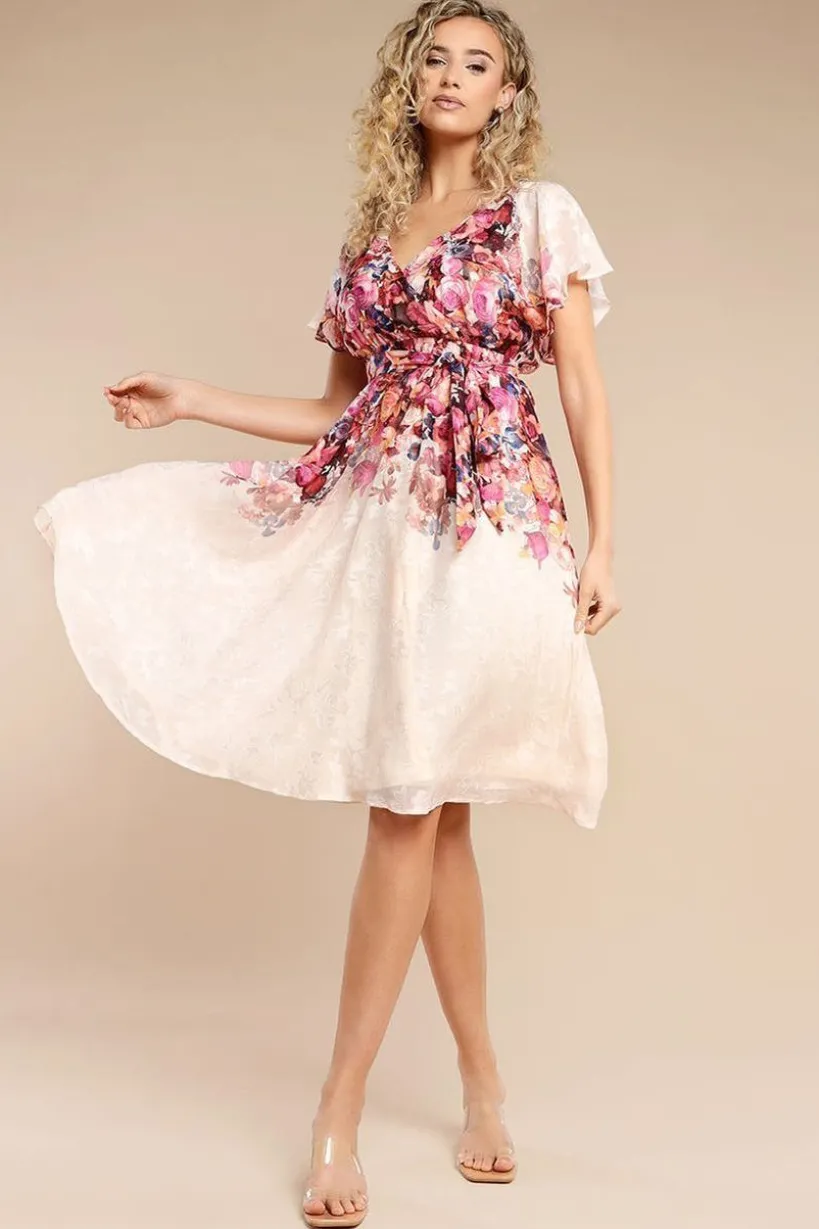 Floral Flutter Sleeve Wrap Midi Dress - Ivory by Goddiva