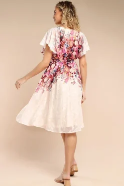 Floral Flutter Sleeve Wrap Midi Dress - Ivory by Goddiva