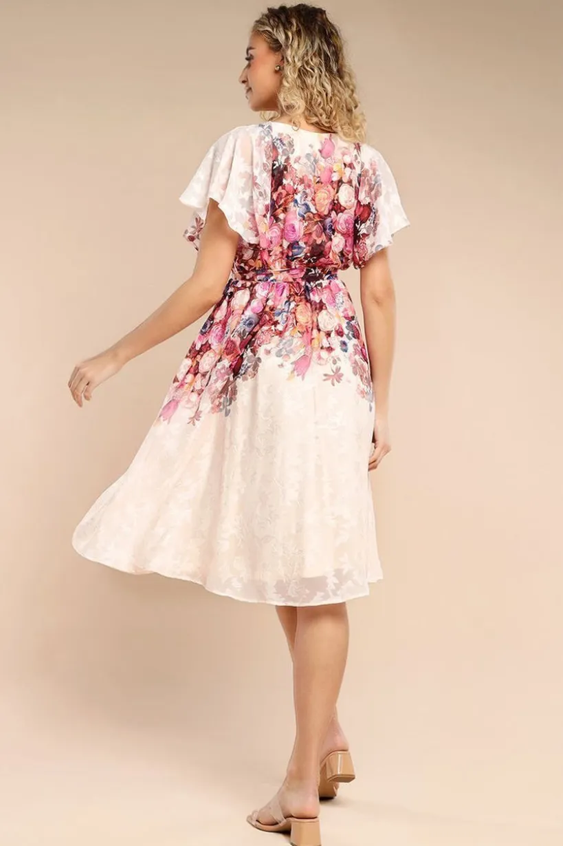 Floral Flutter Sleeve Wrap Midi Dress - Ivory by Goddiva