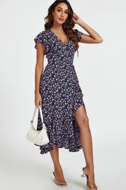Floral Frill Sleeve Midi Wrap Dress In Navy by FS Collection