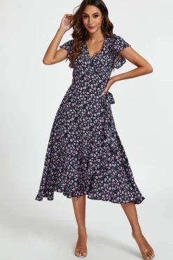 Floral Frill Sleeve Midi Wrap Dress In Navy by FS Collection