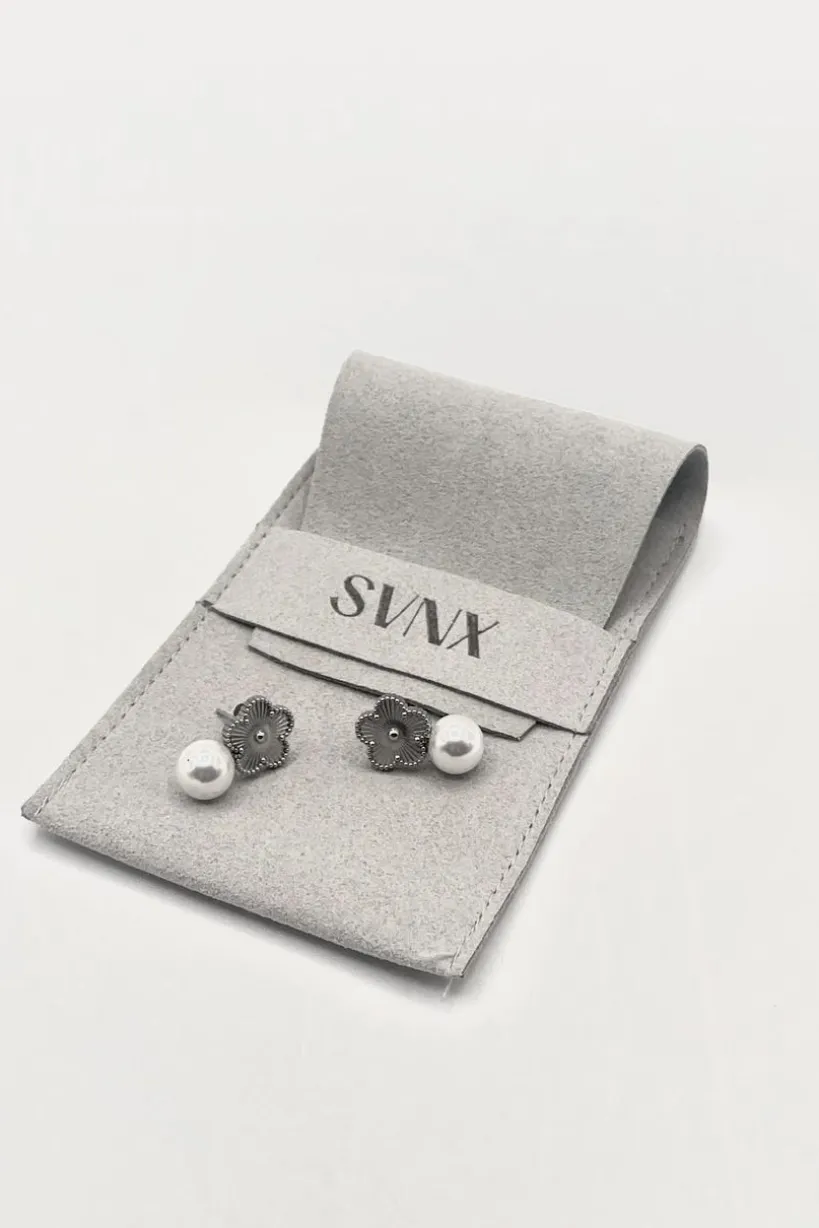 Floral Pearl Stud Earrings In Silver by SVNX