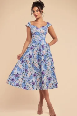 Floral Print A-Line Sweetheart Midi Dress - Powder Blue by Goddiva