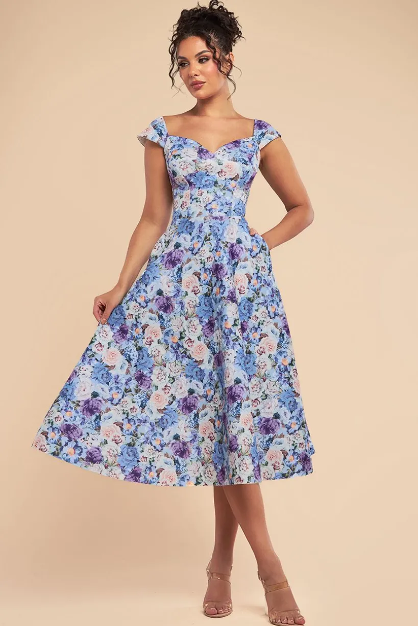 Floral Print A-Line Sweetheart Midi Dress - Powder Blue by Goddiva