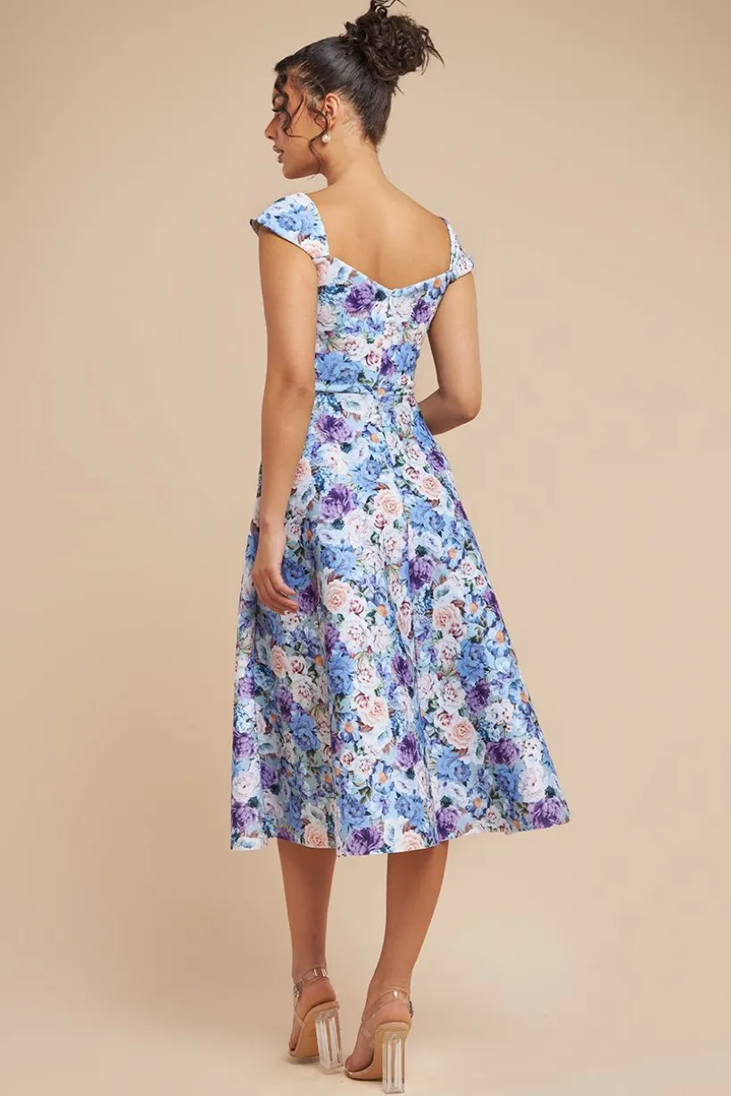 Floral Print A-Line Sweetheart Midi Dress - Powder Blue by Goddiva
