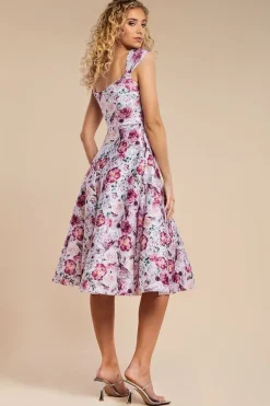 Floral Print A-Line Sweetheart Midi Dress - Blush Pink by Goddiva