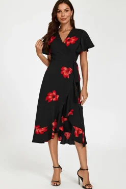 Floral Print Angel Sleeve Wrap Dress In Black by FS Collection