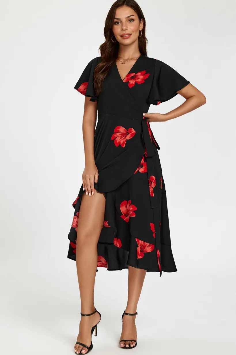 Floral Print Angel Sleeve Wrap Dress In Black by FS Collection