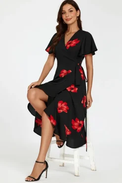 Floral Print Angel Sleeve Wrap Dress In Black by FS Collection