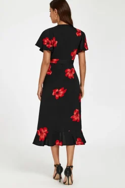 Floral Print Angel Sleeve Wrap Dress In Black by FS Collection
