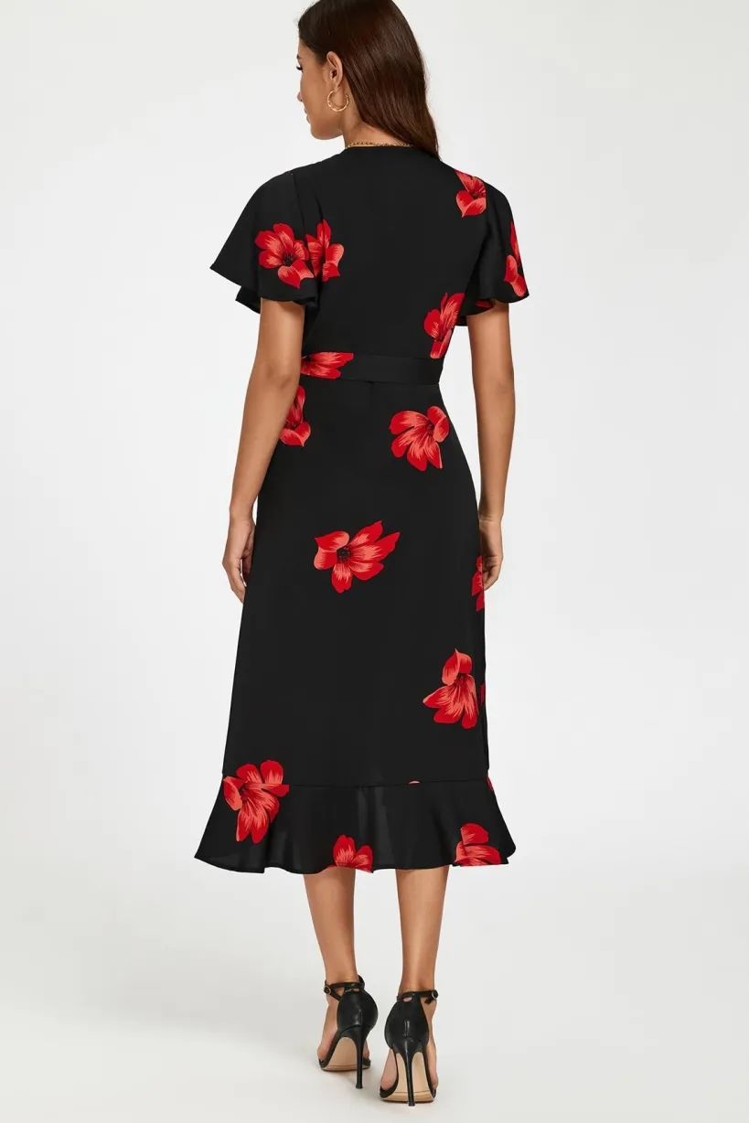Floral Print Angel Sleeve Wrap Dress In Black by FS Collection