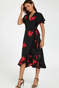 Floral Print Angel Sleeve Wrap Dress In Black by FS Collection