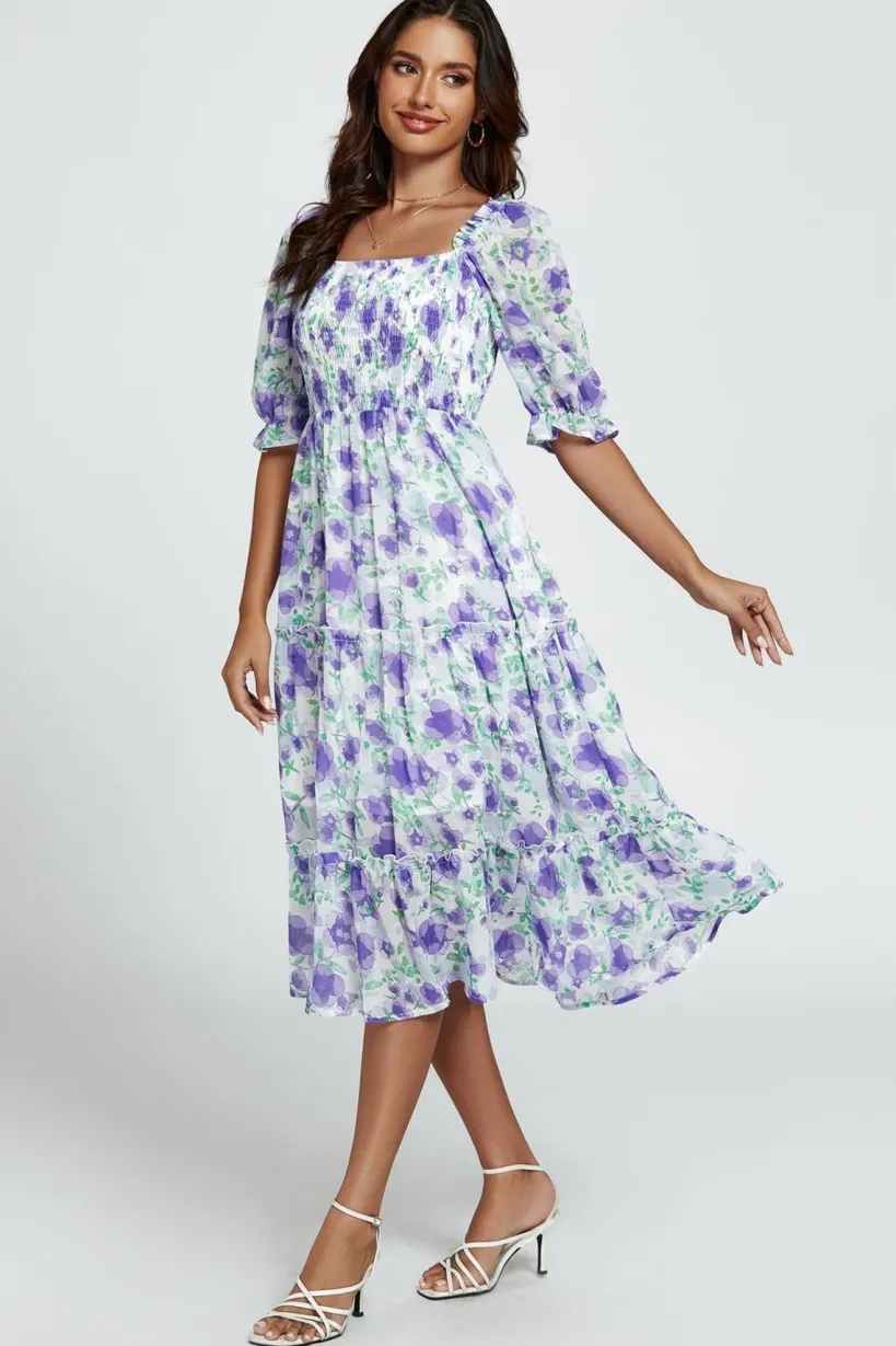 Floral Print Bardot Puff Sleeve Elasticated Detail Midi Dress In White by FS Collection