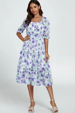 Floral Print Bardot Puff Sleeve Elasticated Detail Midi Dress In White by FS Collection