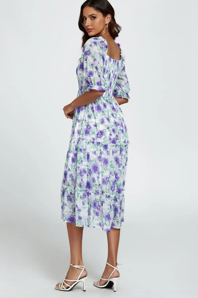 Floral Print Bardot Puff Sleeve Elasticated Detail Midi Dress In White by FS Collection