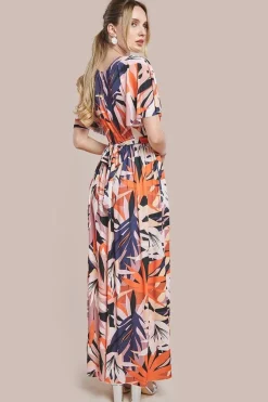 Floral Print Flutter Sleeve Maxi - Orange Print by Goddiva