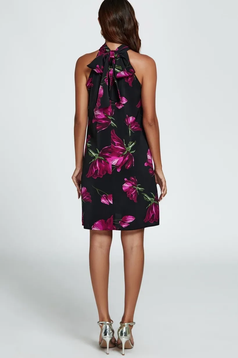 Floral Print Halter Neck Tie Back Mini Dress In Black by FS Collection
