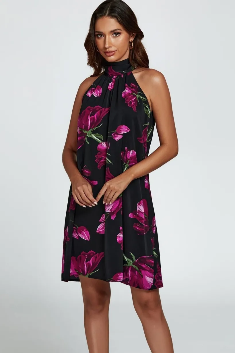 Floral Print Halter Neck Tie Back Mini Dress In Black by FS Collection