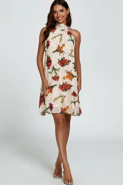 Floral Print Halter Neck Tie Back Mini Dress In Off White by FS Collection
