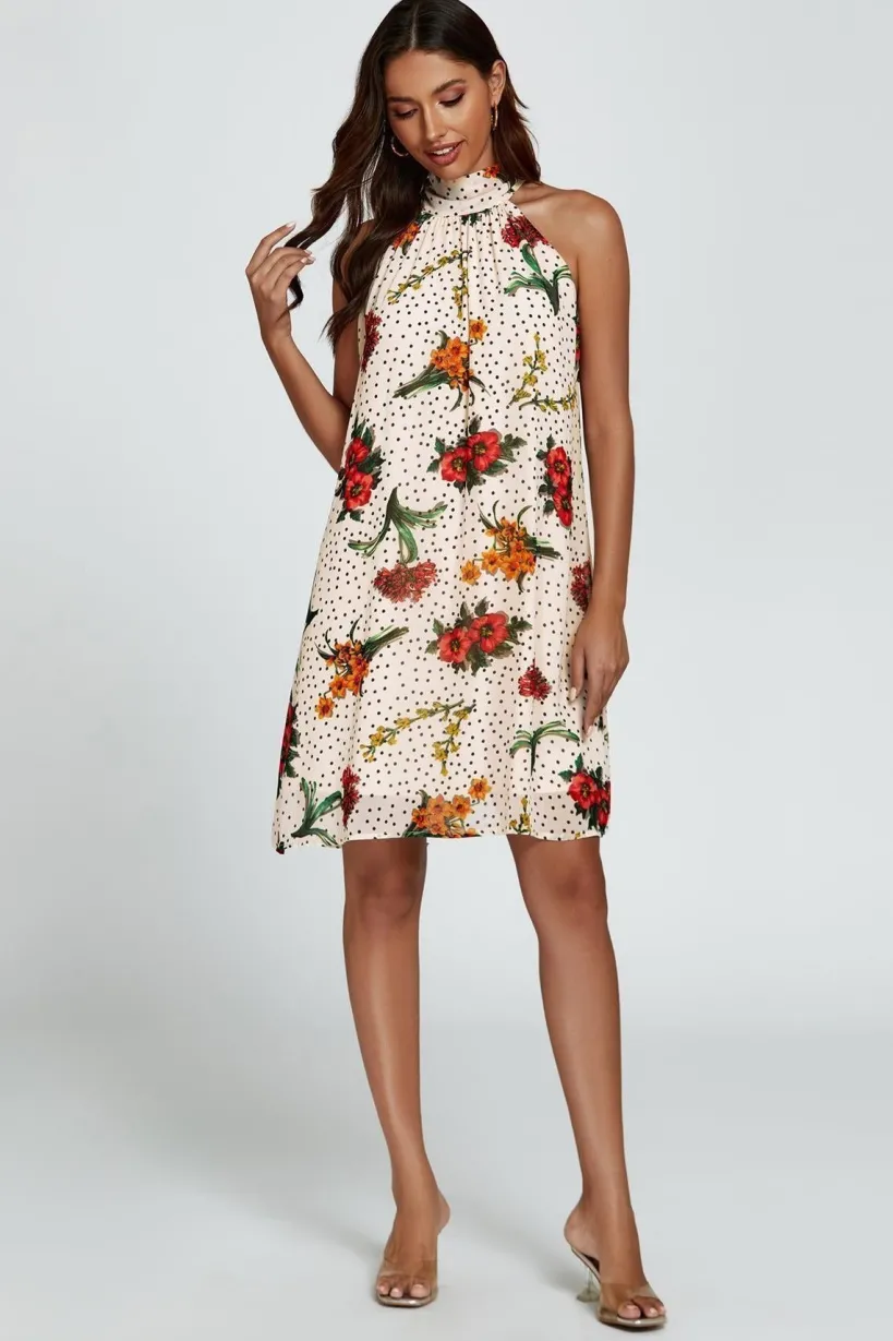Floral Print Halter Neck Tie Back Mini Dress In Off White by FS Collection